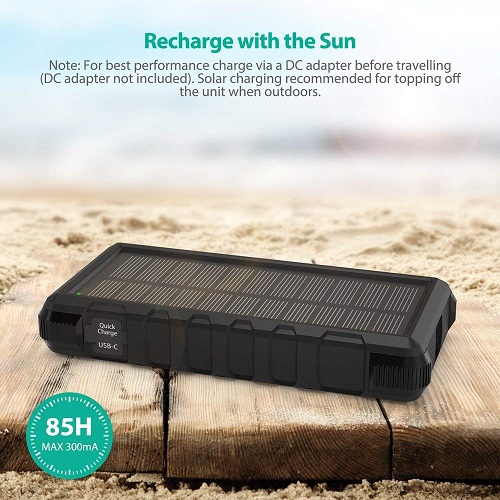 Solar Charger RAVPower 25000mAh Outdoor Portable Charger with Micro USB & USB C Inputs External Battery Pack with Flashlight Dust & Waterproof Shock Black Quick Charge Solar Power Bank with 3 Outputs 