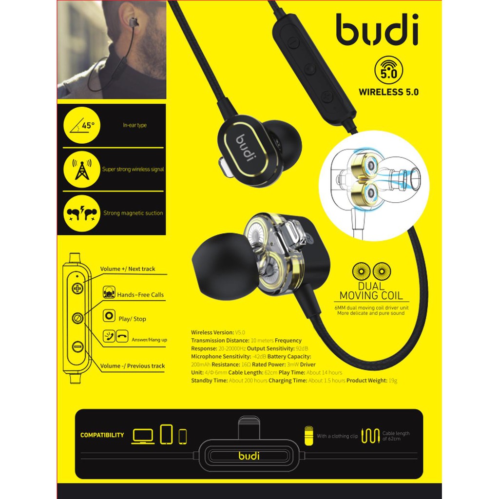 Computers :: Headphones :: BUDI STEREO WIRELESS DUAL MOVING COIL INEAR HEADPHONES